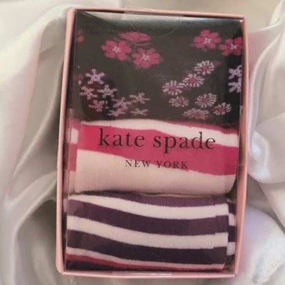 kate spade set of 3 pairs crew socks pink purple floral stripe nwt - Picture 2 of 4
